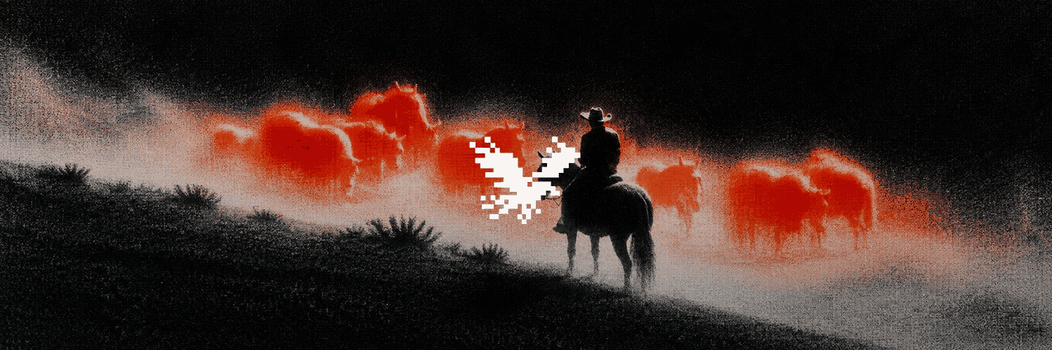 Charcoal drawing of a cowboy on horseback driving a herd of red cattle through fog, with the white pixel UPON bird flying above them.